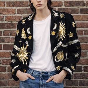 Vintage 80s Just Fabulous Celestial Denim Jacket Sequin Sun Moon Star Black Sz M